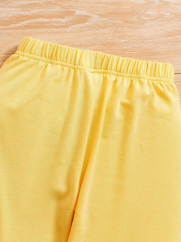 2pcs/Set Young Girls' Fashion Striped Flower Pattern Ruffle Hem Cap Sleeve T-Shirt And Bowknot Leggings Summer Outfits