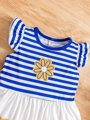 2pcs/Set Young Girls' Fashion Striped Flower Pattern Ruffle Hem Cap Sleeve T-Shirt And Bowknot Leggings Summer Outfits