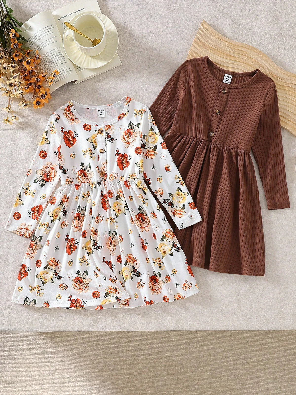 2pcs/Set Young Girls Fashionable Round Neck Long Sleeve Loose Waist Cinched Waist A-Line Dress Set, Spring And Autumn