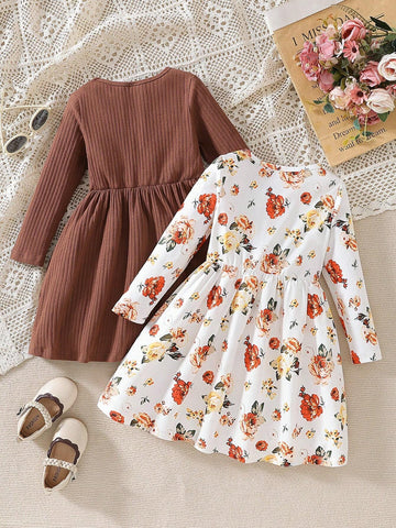 2pcs/Set Young Girls Fashionable Round Neck Long Sleeve Loose Waist Cinched Waist A-Line Dress Set, Spring And Autumn