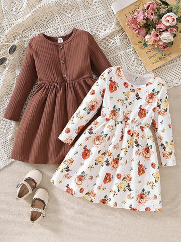 2pcs/Set Young Girls Fashionable Round Neck Long Sleeve Loose Waist Cinched Waist A-Line Dress Set, Spring And Autumn