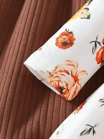 2pcs/Set Young Girls Fashionable Round Neck Long Sleeve Loose Waist Cinched Waist A-Line Dress Set, Spring And Autumn