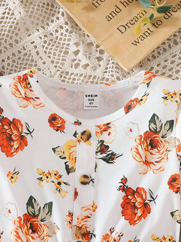 2pcs/Set Young Girls Fashionable Round Neck Long Sleeve Loose Waist Cinched Waist A-Line Dress Set, Spring And Autumn