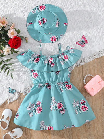 2pcs/Set Young Girls' Floral Off Shoulder Dress With Hat, Suitable For Daily, Vacation And Outdoor, Summer