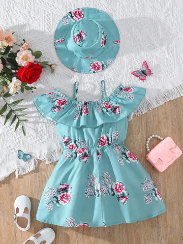 2pcs/Set Young Girls' Floral Off Shoulder Dress With Hat, Suitable For Daily, Vacation And Outdoor, Summer