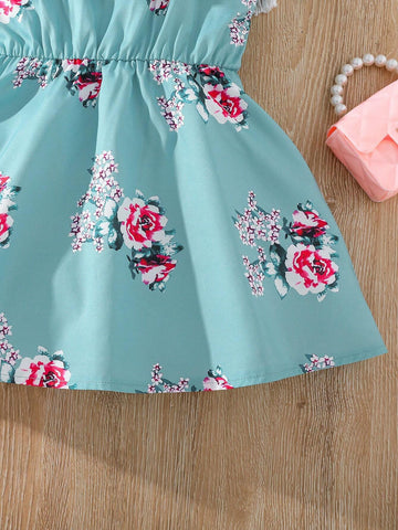 2pcs/Set Young Girls' Floral Off Shoulder Dress With Hat, Suitable For Daily, Vacation And Outdoor, Summer