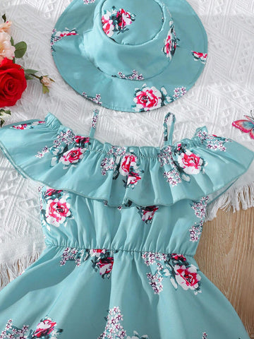 2pcs/Set Young Girls' Floral Off Shoulder Dress With Hat, Suitable For Daily, Vacation And Outdoor, Summer