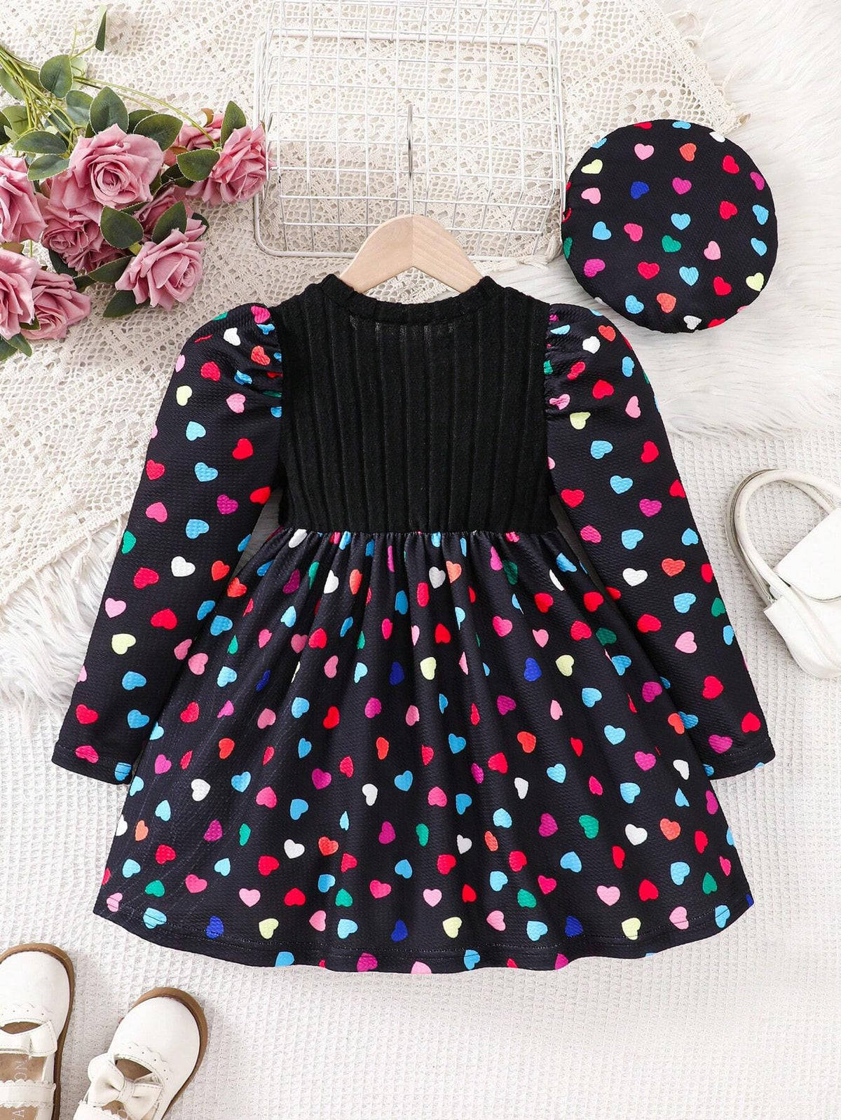 2pcs/Set Young Girls Long Sleeve Dress With Heart Print & Hat, Style Valentine's Day, Soft Comfortable Fabric, Skin-Friendly Material, Fits Ages 4-7