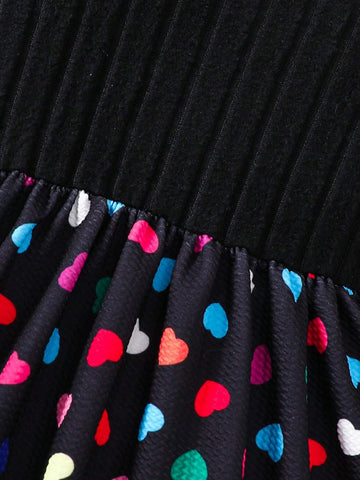 2pcs/Set Young Girls Long Sleeve Dress With Heart Print & Hat, Style Valentine's Day, Soft Comfortable Fabric, Skin-Friendly Material, Fits Ages 4-7