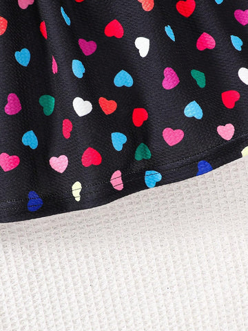 2pcs/Set Young Girls Long Sleeve Dress With Heart Print & Hat, Style Valentine's Day, Soft Comfortable Fabric, Skin-Friendly Material, Fits Ages 4-7