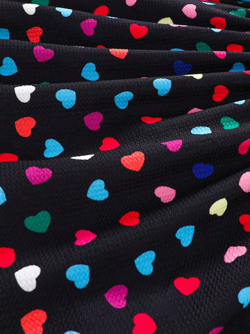 2pcs/Set Young Girls Long Sleeve Dress With Heart Print & Hat, Style Valentine's Day, Soft Comfortable Fabric, Skin-Friendly Material, Fits Ages 4-7