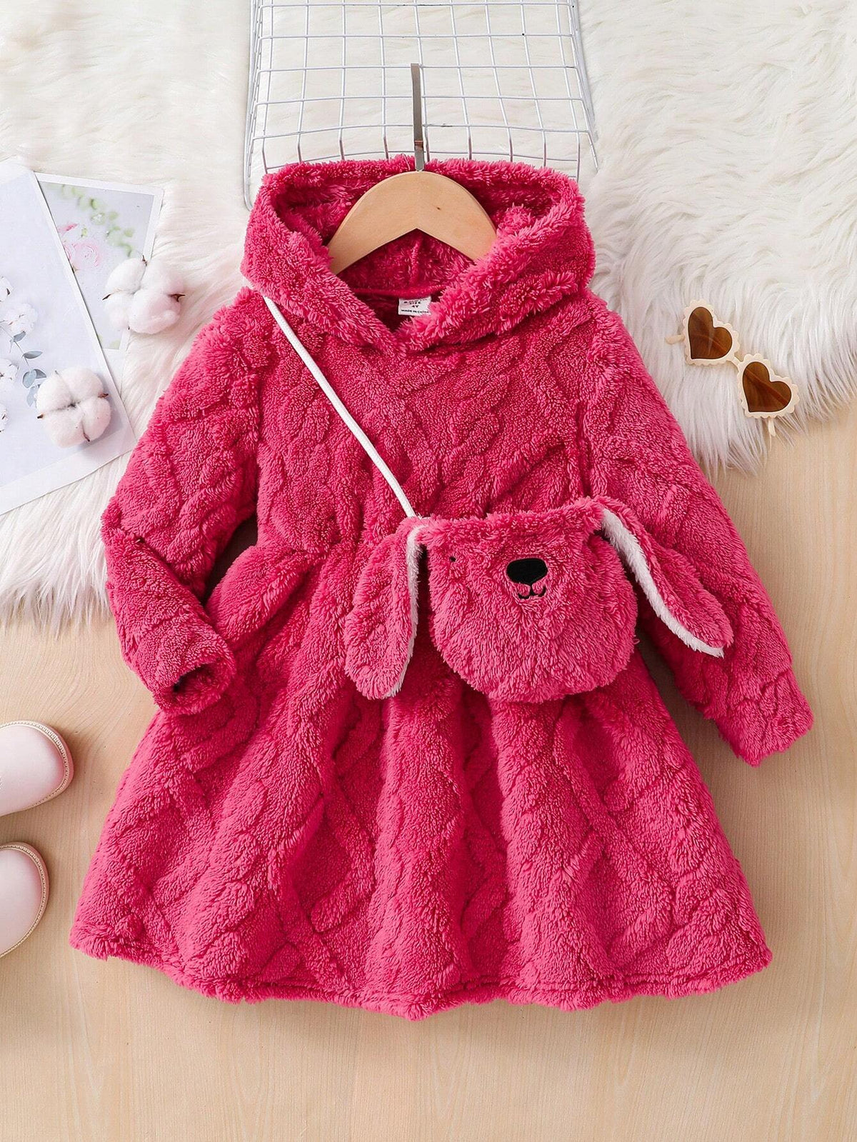 2pcs/Set Young Girl's & Young Girl's Textured Fleece Hooded Dress With Satchel Bag, Casual Everyday Wear
