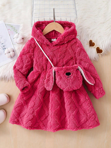 2pcs/Set Young Girl's & Young Girl's Textured Fleece Hooded Dress With Satchel Bag, Casual Everyday Wear
