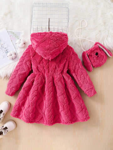 2pcs/Set Young Girl's & Young Girl's Textured Fleece Hooded Dress With Satchel Bag, Casual Everyday Wear