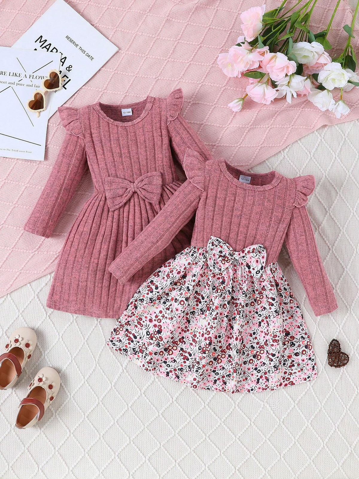 2pcs Baby/Toddler Girls Round Neck Long Sleeve Ribbed Fabric Cute Bow Ditsy Floral Dress Set