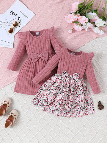 2pcs Baby/Toddler Girls Round Neck Long Sleeve Ribbed Fabric Cute Bow Ditsy Floral Dress Set
