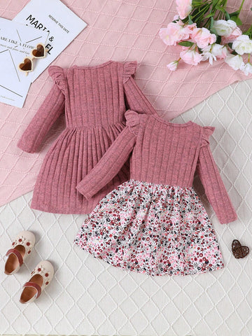 2pcs Baby/Toddler Girls Round Neck Long Sleeve Ribbed Fabric Cute Bow Ditsy Floral Dress Set