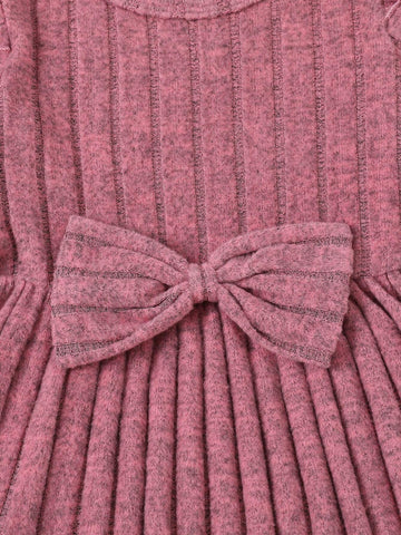 2pcs Baby/Toddler Girls Round Neck Long Sleeve Ribbed Fabric Cute Bow Ditsy Floral Dress Set