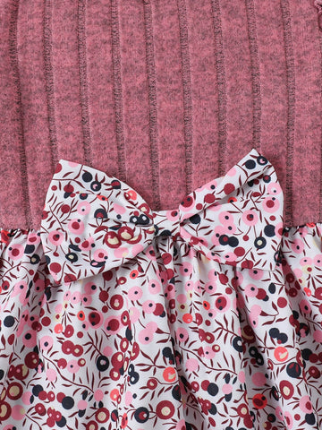 2pcs Baby/Toddler Girls Round Neck Long Sleeve Ribbed Fabric Cute Bow Ditsy Floral Dress Set