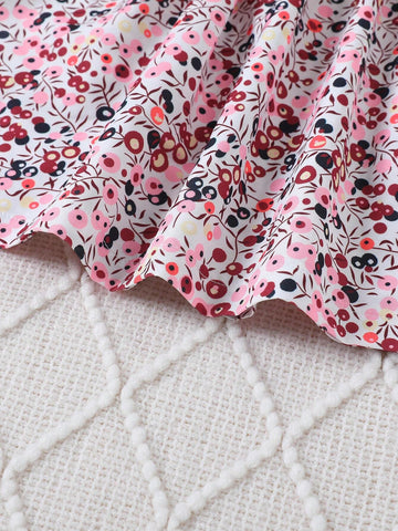 2pcs Baby/Toddler Girls Round Neck Long Sleeve Ribbed Fabric Cute Bow Ditsy Floral Dress Set