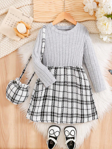 2pcs Baby Girls Casual Simple & Comfy Daily Dress And Purse Set