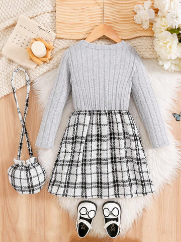 2pcs Baby Girls Casual Simple & Comfy Daily Dress And Purse Set
