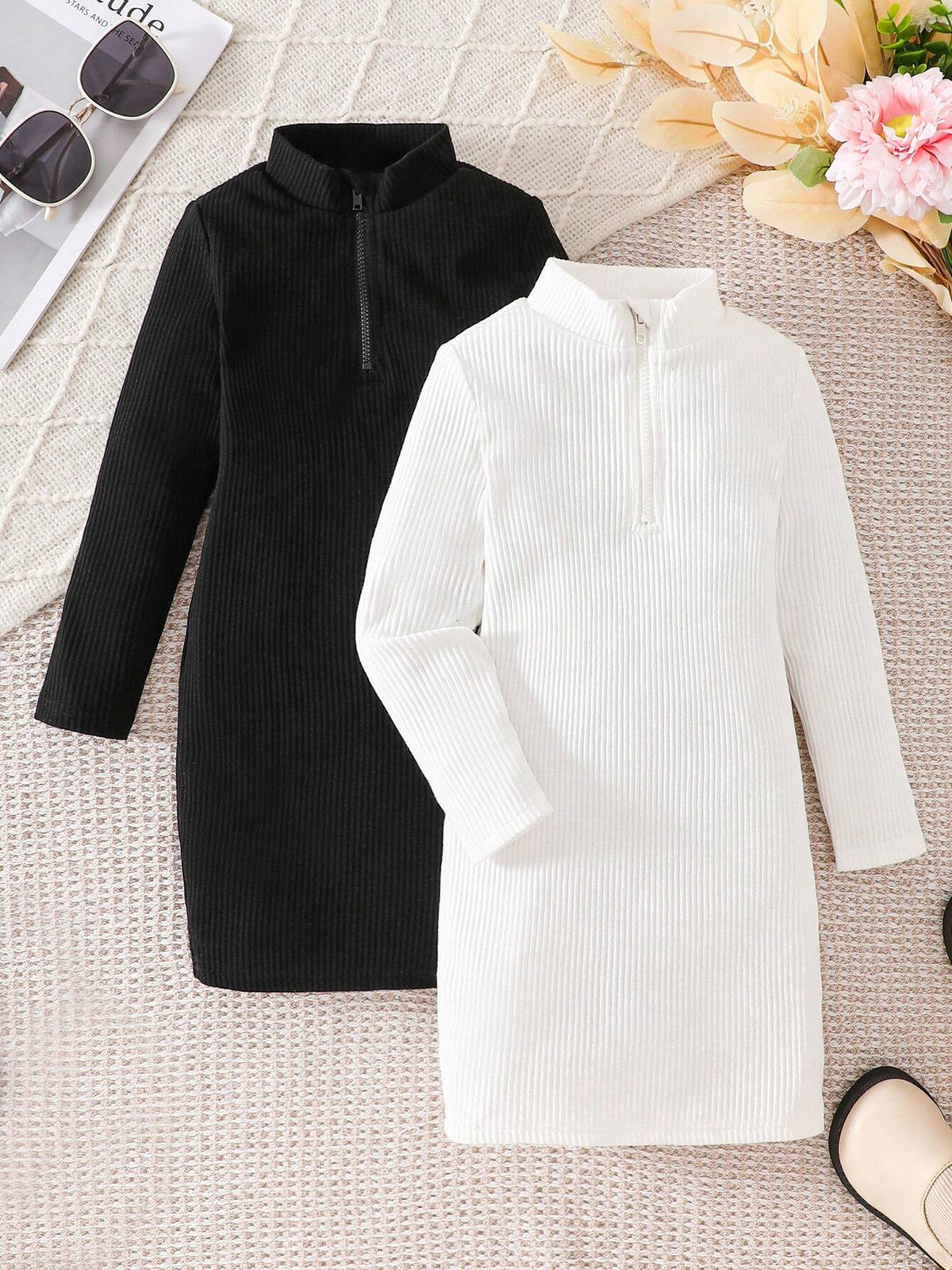 2pcs Black And White Stand Collar Bodycon Knit Dress Set ,Turtleneck Half-Zip Short White Long-Sleeved Dress