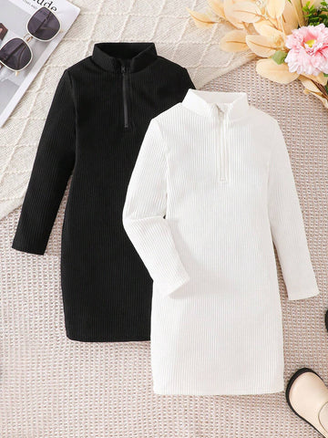 2pcs Black And White Stand Collar Bodycon Knit Dress Set ,Turtleneck Half-Zip Short White Long-Sleeved Dress