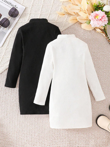 2pcs Black And White Stand Collar Bodycon Knit Dress Set ,Turtleneck Half-Zip Short White Long-Sleeved Dress