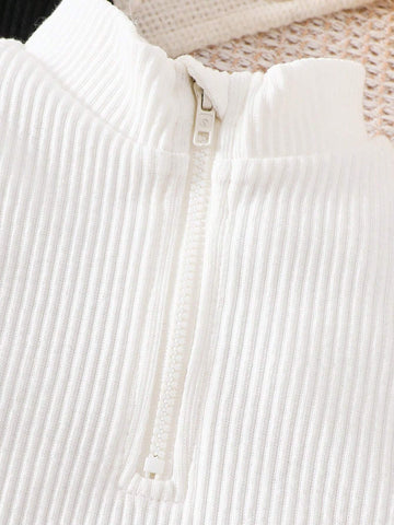 2pcs Black And White Stand Collar Bodycon Knit Dress Set ,Turtleneck Half-Zip Short White Long-Sleeved Dress