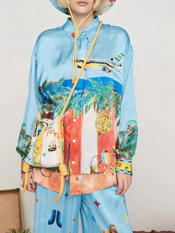 2pcs Casual Loose Vacation Style Printed Set