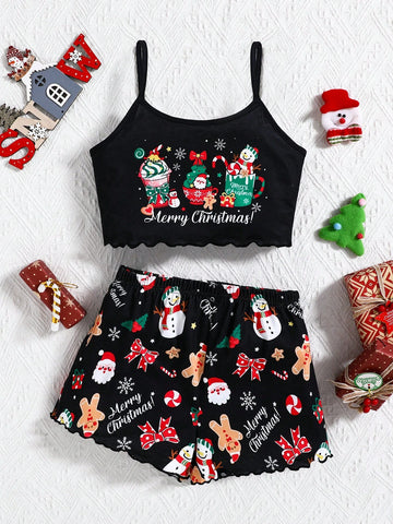 2pcs Christmas Snowman, Gingerbread, Santa Claus & Bow Print Comfortable Camisole And Shorts Pajamas Set For Young Girls