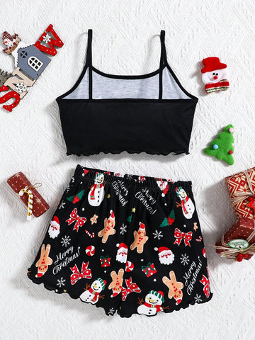 2pcs Christmas Snowman, Gingerbread, Santa Claus & Bow Print Comfortable Camisole And Shorts Pajamas Set For Young Girls