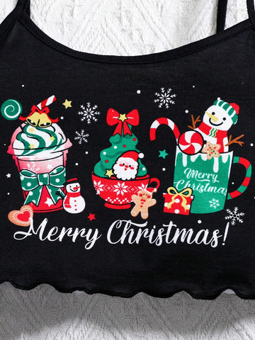 2pcs Christmas Snowman, Gingerbread, Santa Claus & Bow Print Comfortable Camisole And Shorts Pajamas Set For Young Girls