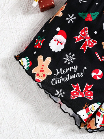 2pcs Christmas Snowman, Gingerbread, Santa Claus & Bow Print Comfortable Camisole And Shorts Pajamas Set For Young Girls