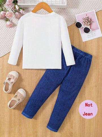 2pcs Cute Young Girl Cartoon Graphic Top And Print Pants For Spring And Fall Parties And Gifts