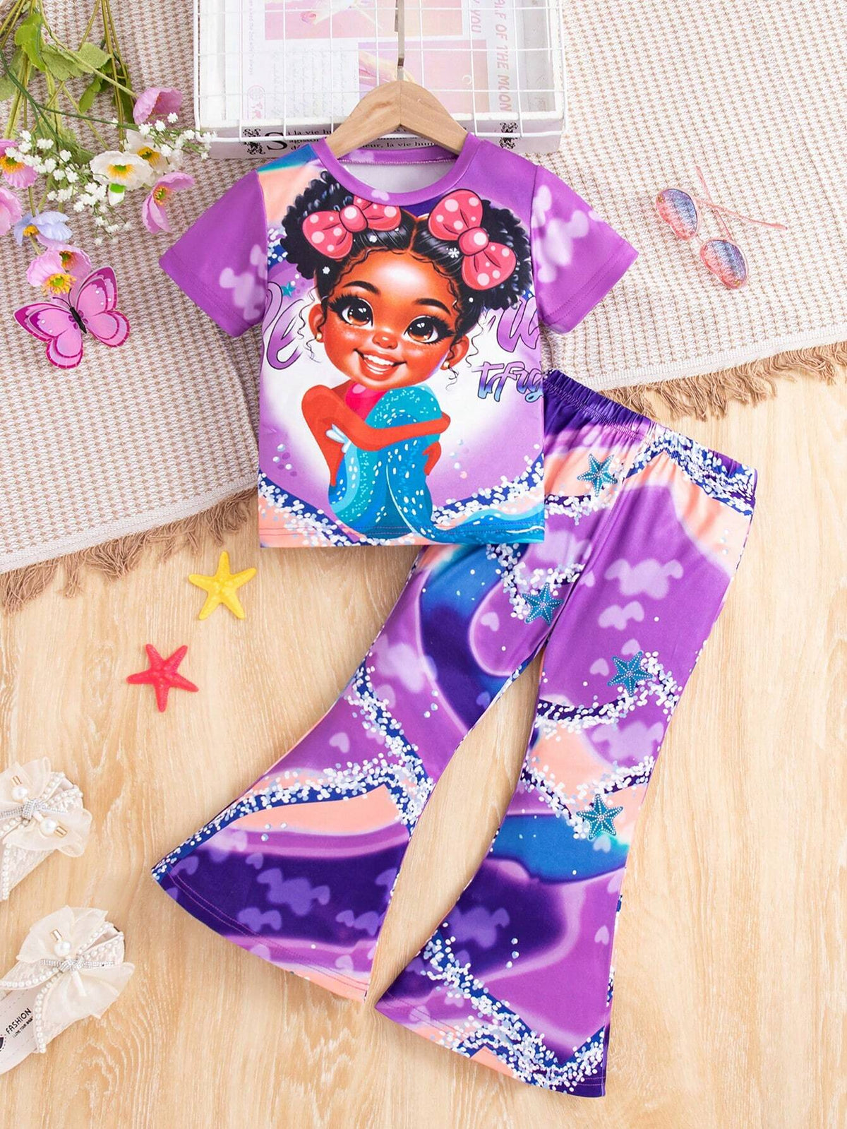 2pcs Girls Adorable Mermaid Printed Short Sleeve Top + Flare Pants Set
