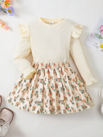 2pcs Girls Apricot Solid Ribbed Long Sleeve Top And Floral Printed Skirt Set, Spring Autumn