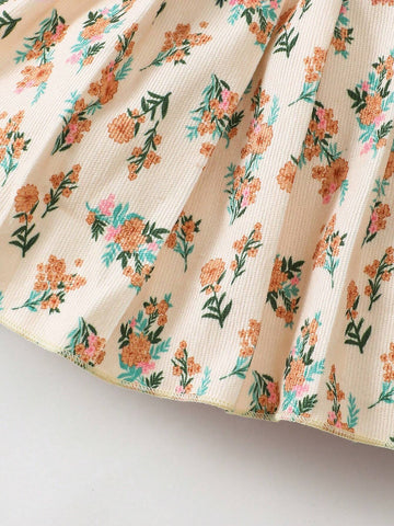 2pcs Girls Apricot Solid Ribbed Long Sleeve Top And Floral Printed Skirt Set, Spring Autumn