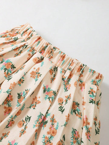 2pcs Girls Apricot Solid Ribbed Long Sleeve Top And Floral Printed Skirt Set, Spring Autumn