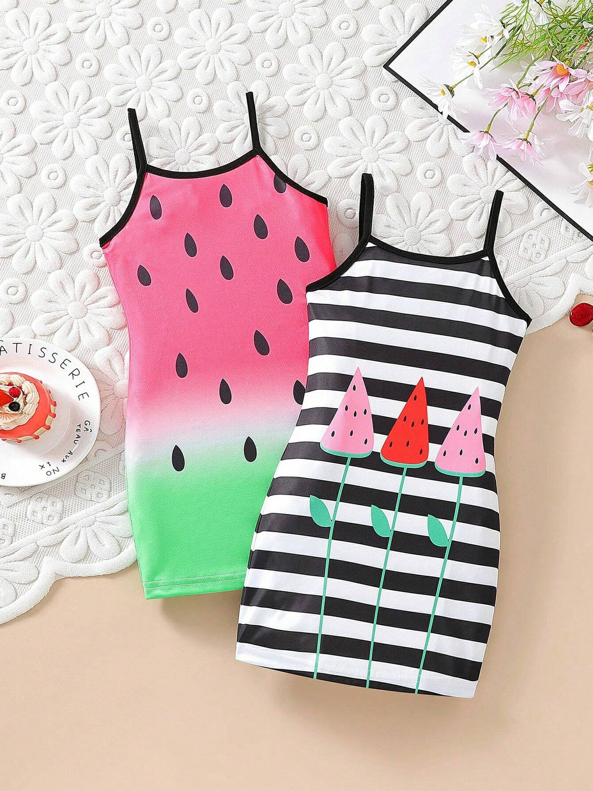 2pcs Girls' Casual Cute Watermelon Stripe Digital Printed Cami Dress Set, Summer
