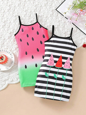 2pcs Girls' Casual Cute Watermelon Stripe Digital Printed Cami Dress Set, Summer