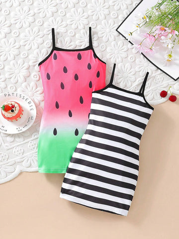 2pcs Girls' Casual Cute Watermelon Stripe Digital Printed Cami Dress Set, Summer