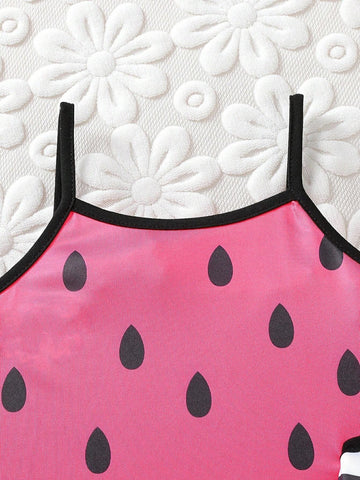 2pcs Girls' Casual Cute Watermelon Stripe Digital Printed Cami Dress Set, Summer