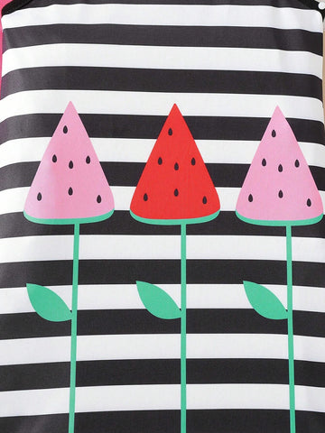 2pcs Girls' Casual Cute Watermelon Stripe Digital Printed Cami Dress Set, Summer