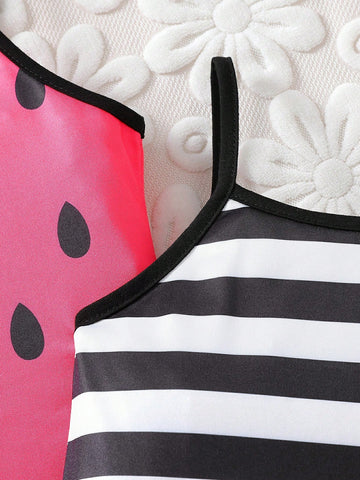 2pcs Girls' Casual Cute Watermelon Stripe Digital Printed Cami Dress Set, Summer