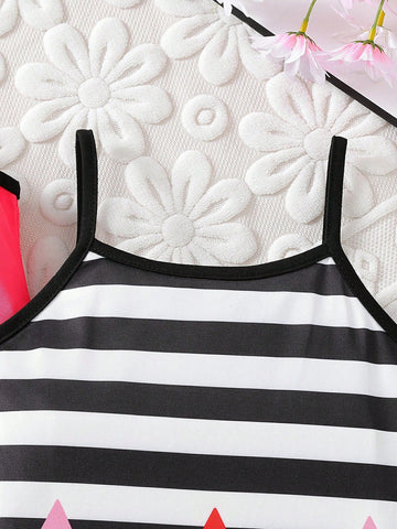 2pcs Girls' Casual Cute Watermelon Stripe Digital Printed Cami Dress Set, Summer