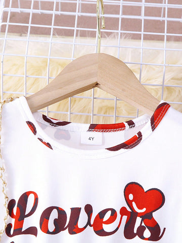 2pcs Girls Casual English Letter & Heart Print Short Sleeve Dress With Bow Tie Leggings Set, Spring/Summer, Valentine's Day