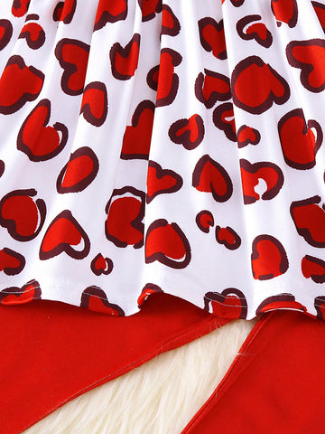 2pcs Girls Casual English Letter & Heart Print Short Sleeve Dress With Bow Tie Leggings Set, Spring/Summer, Valentine's Day
