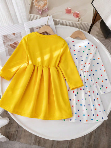 2pcs Girls Casual Fashion Sports Rainbow Polka Dot Sweatshirt Dress, Loose Fit Long Sleeve Round Neck A-Line Waist Dress For Sisters In Autumn Winter